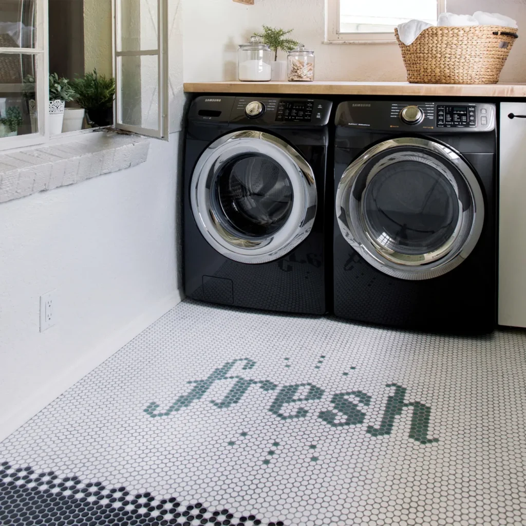 360 3/4 Penny Round off white and sage and lagoon flooring sample in a laundry room