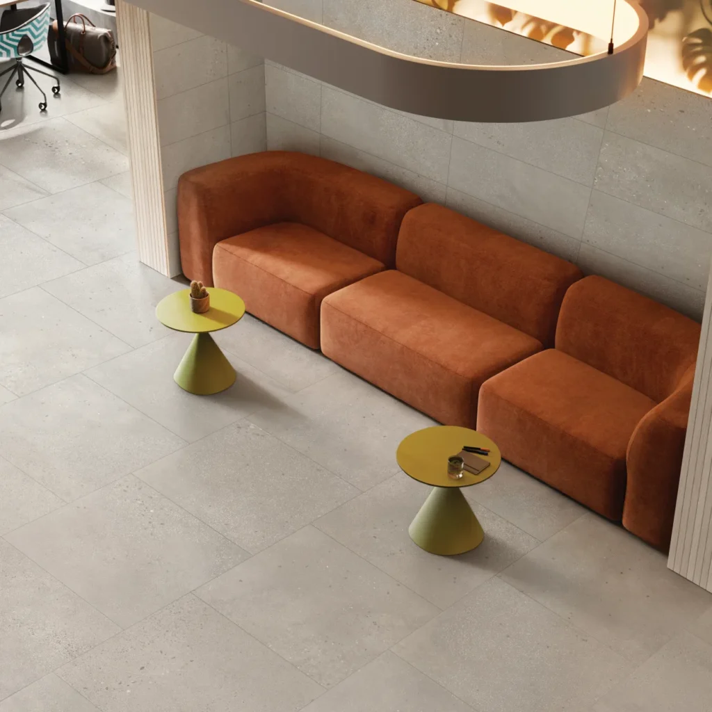 area 51 sample floor and wall with orange seating