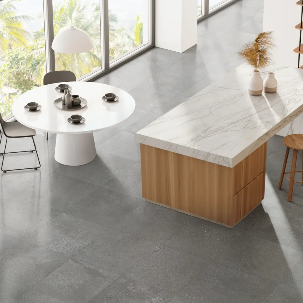 area 51 steel square tile sample floor in an open and bright kitchen