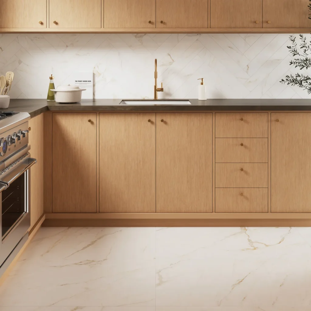 Magnifica 24 x 48 - 8mm Honed Porcelain Tile in Calacatta Oro sample kitchen