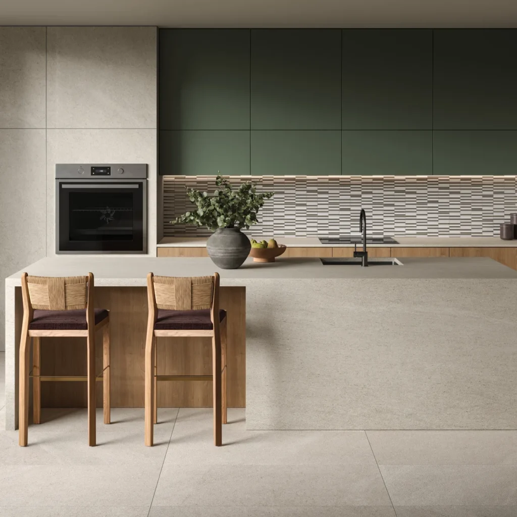 Magnifica 24 x 48 - 8mm Honed Porcelain in Basalt Sand sample kitchen