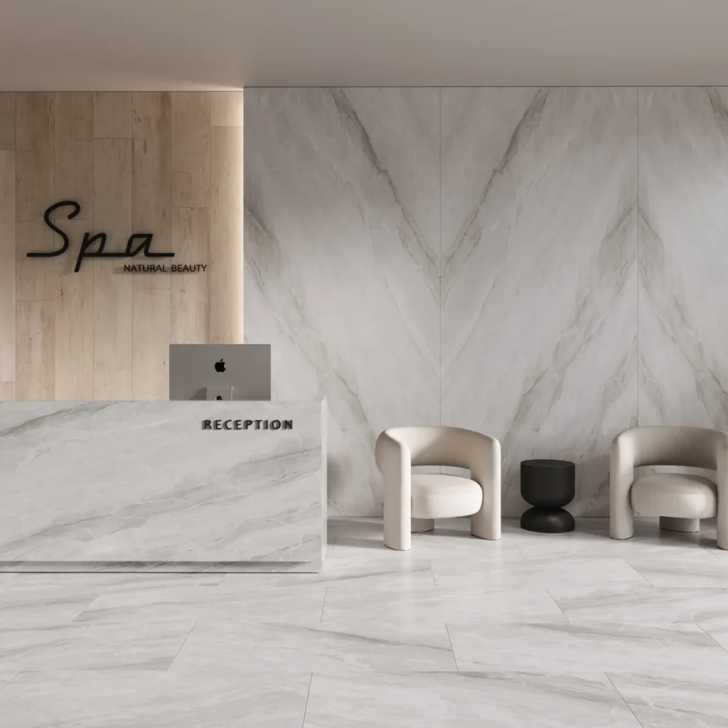 Magnifica 24 x 48 - 8mm Honed Porcelain in Pietra Bianca sample reception desk, floor, wall