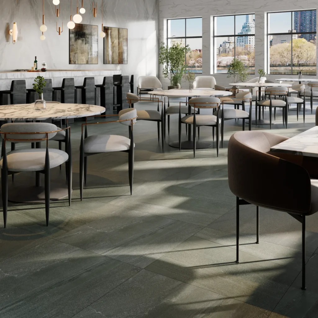 Magnifica 4 x 24 - 8mm Honed Porcelain Tile in Calacatta Super White sample 4 restaurant setting