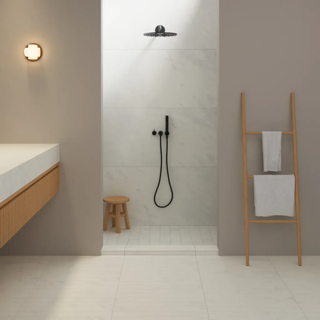 Magnifica 4 x 24 - 8mm Honed Porcelain Tile in Luxe White sample bathroom