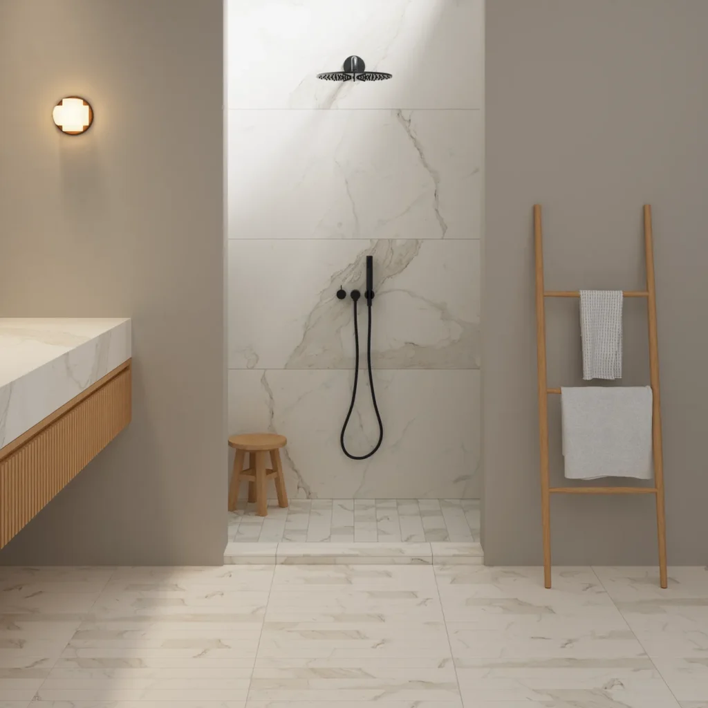 Magnifica 4 x 4 Honed Porcelain Mosaic Tile in Calacatta Super White sample 2 shower surround, vanity, and flooring