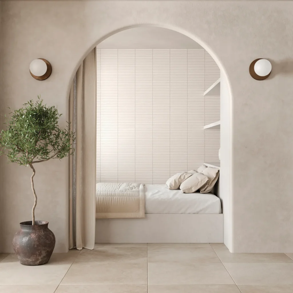 Materika 32 x 32 Matte Porcelain Floor and Wall Tile in Sand floor sample with built in bed