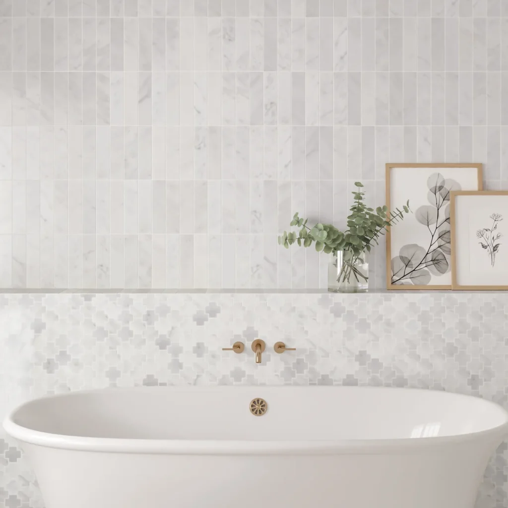 Monet Honed Marble Mosaic 4 Tile in Oriental White bathroom wall tile sample