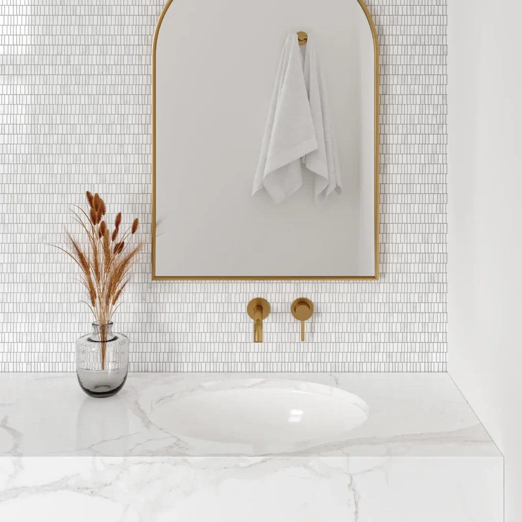 Monet Honed Marble Mosaic 7 Tile in White Carrara bathroom vanity wall sample