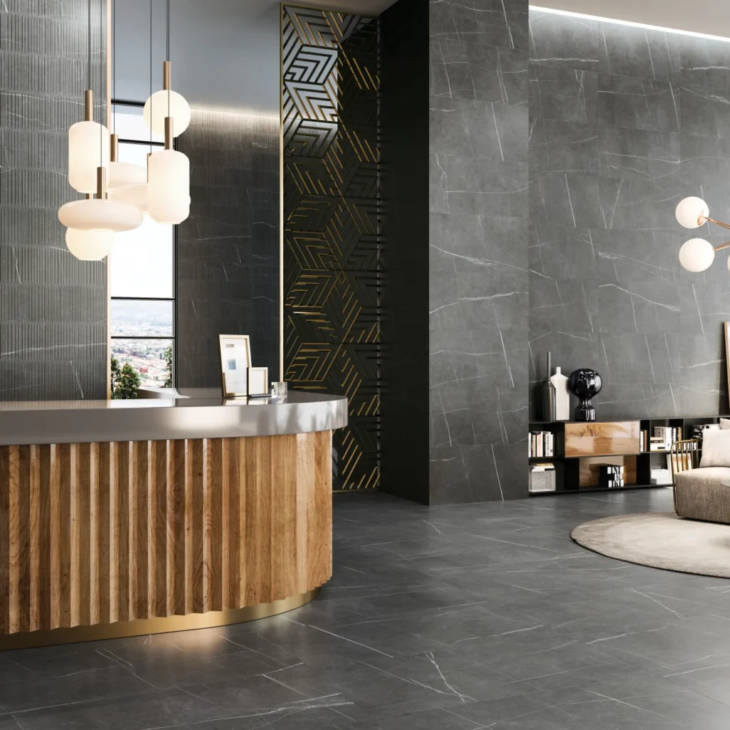 Nomade 24x48 Matte Porcelain Tile in Noir floor and wall sample in a reception setting