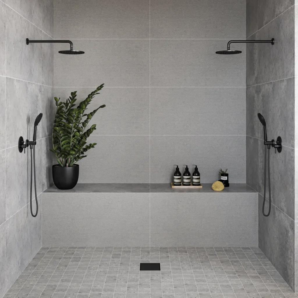 Poetry Stone 24 x 48 Satin Porcelain Deco in Grey shower surround